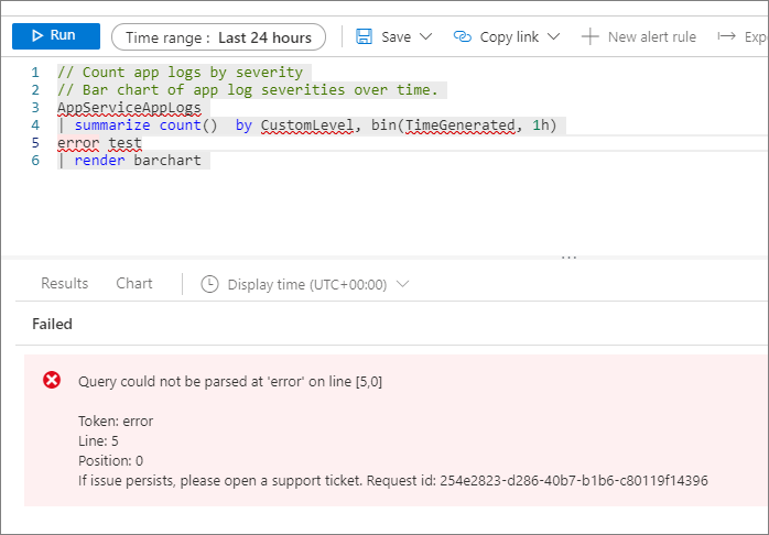 Azure Monitor - Log Analytics query editor error at row#5