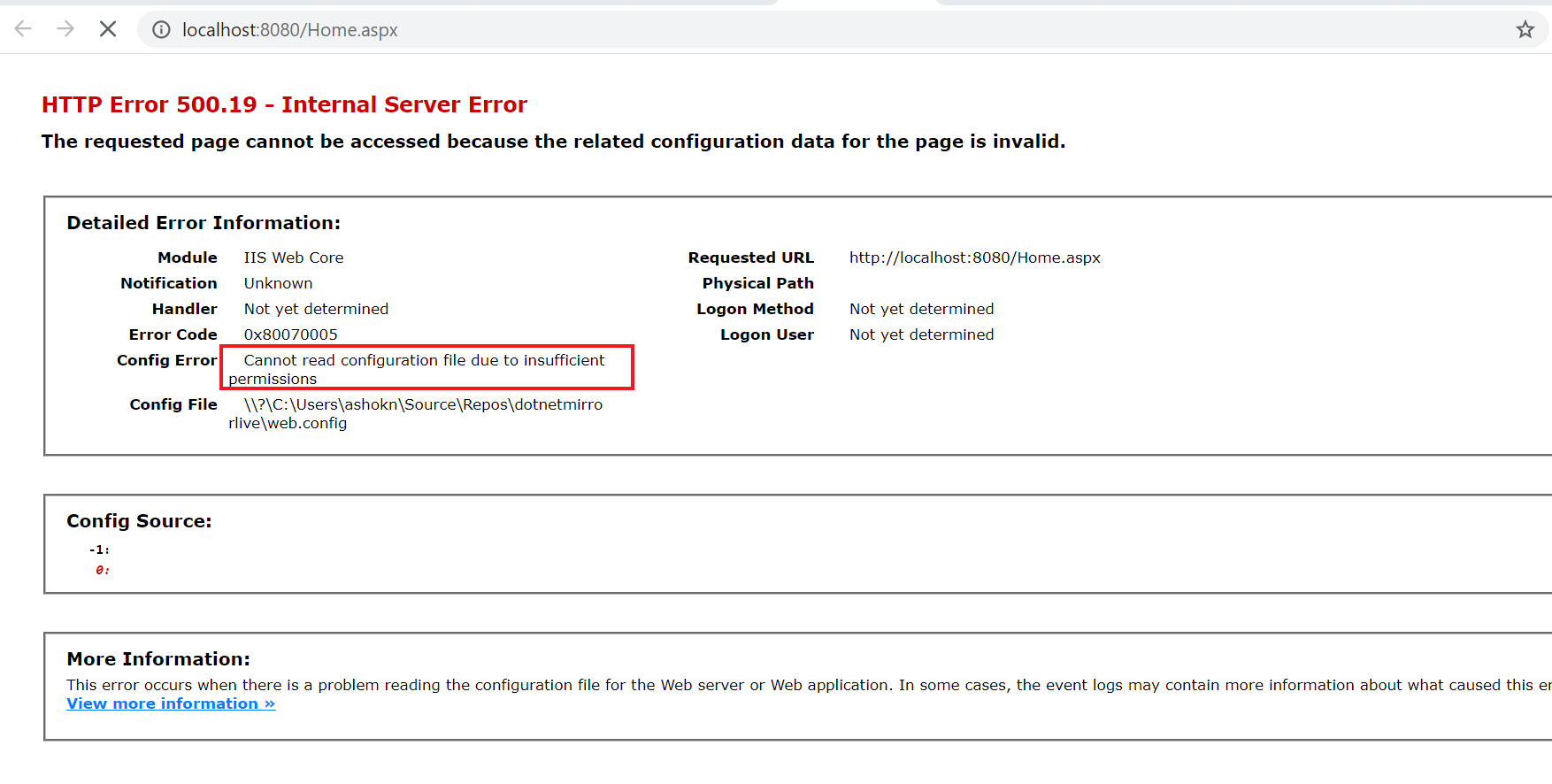 Web App Error - Cannot read configuration file due to insufficient permissions