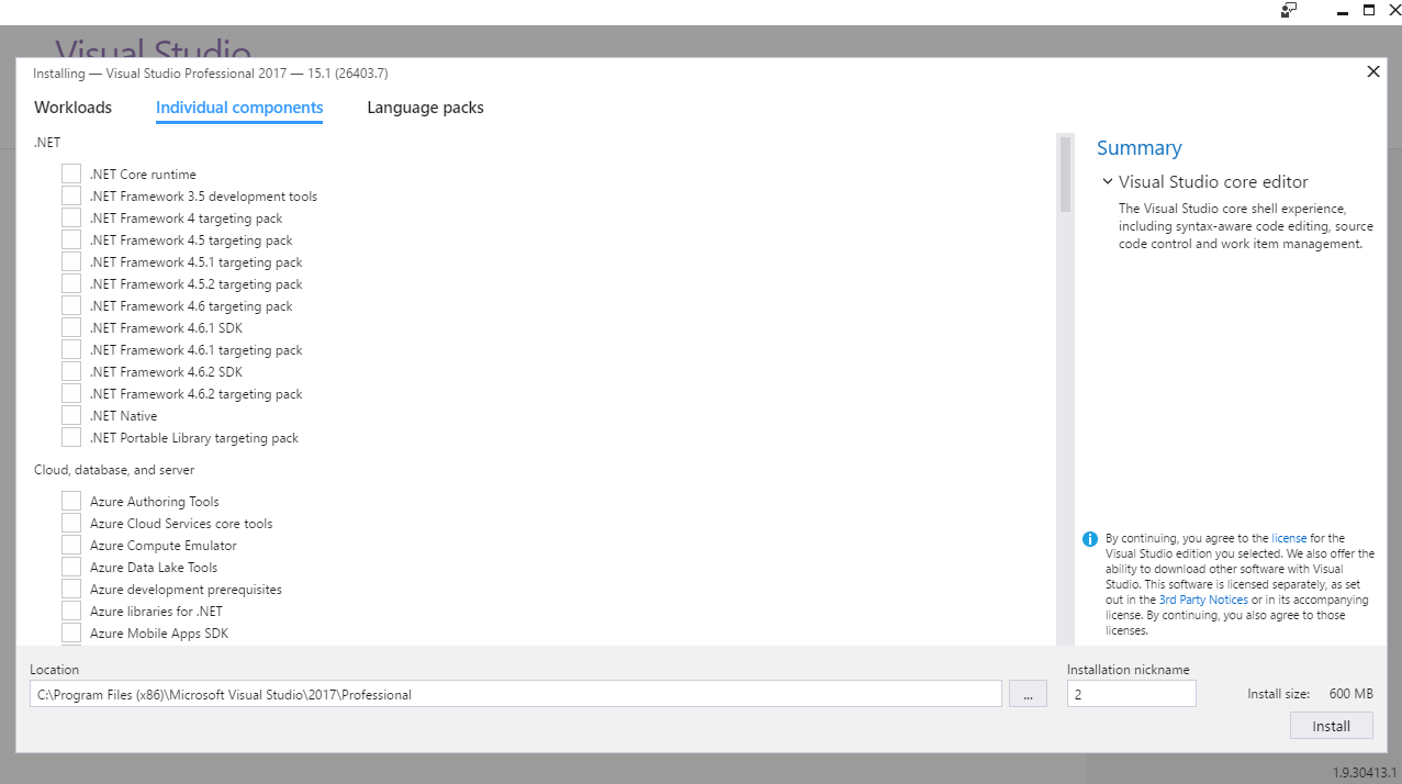 Visual Studio 2017 Installer Individual Components