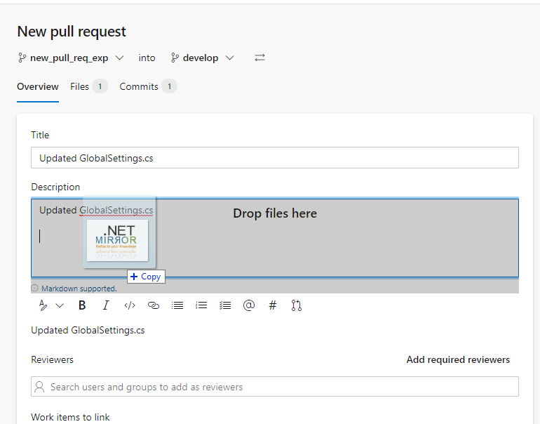 Azure DevOps pull request - drag & drop image to description