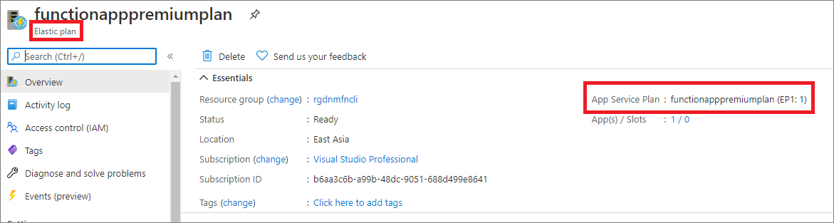 Azure Function App created in Elastic premium plan