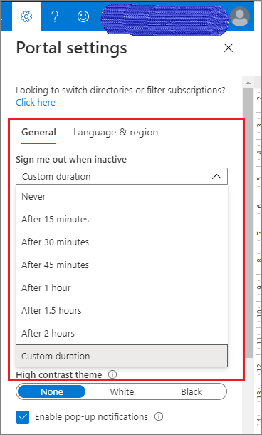 Azure Portal Settings - Sign me out when inactive
