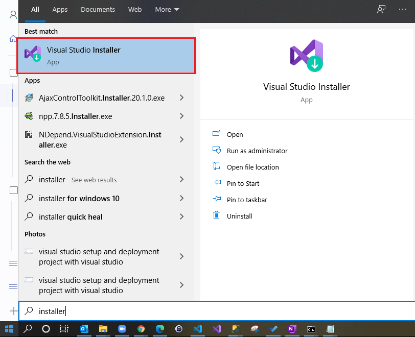 Visual Studio Installer - Open from Start Menu