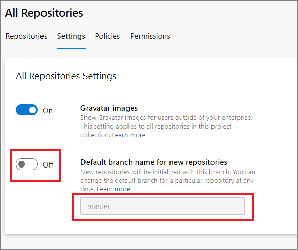 All Repositories - default branch name for new repositories is Off resets to master