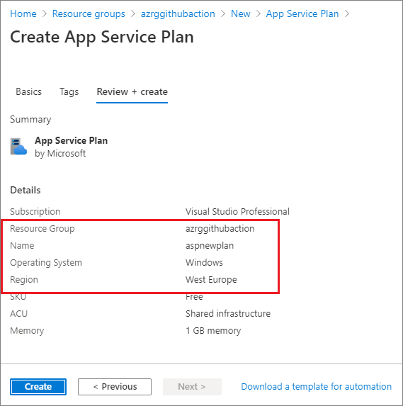 Create new App Service Plan in same Region and Resource Group