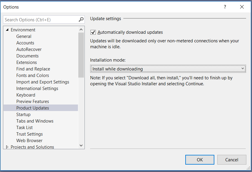 Visual Studio 2019 Product update settings