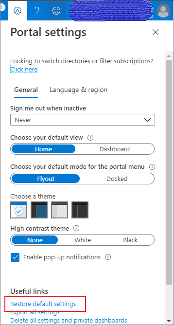 Azure Portal settings - Restore default settings