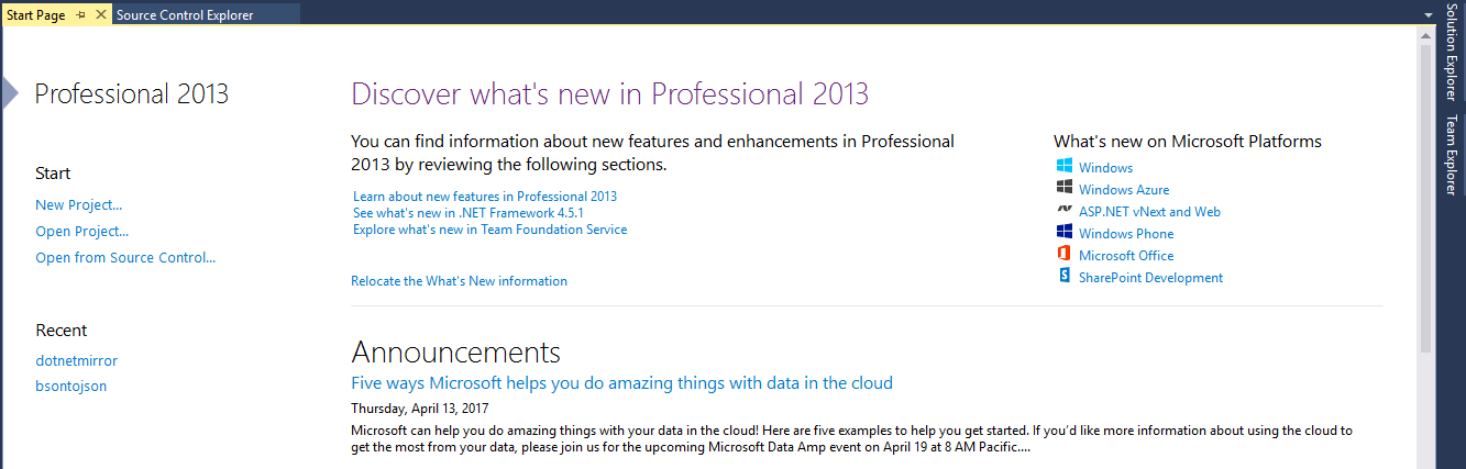 Visual Studio 2013 Start Page