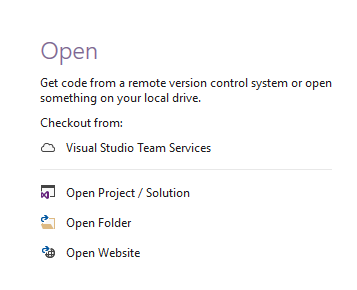 Visual Studio 2017 Start Page – Open Section