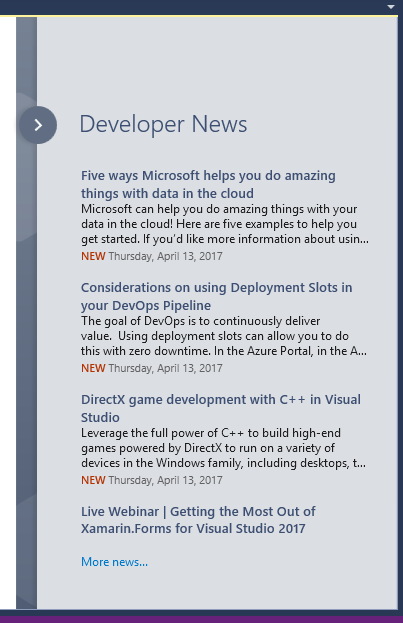 Visual Studio 2017 Start Page – Developer News Section