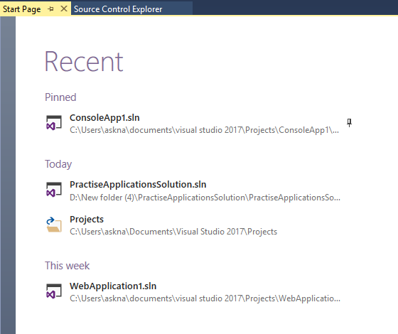 Visual Studio 2017 Start Page – Recent Section