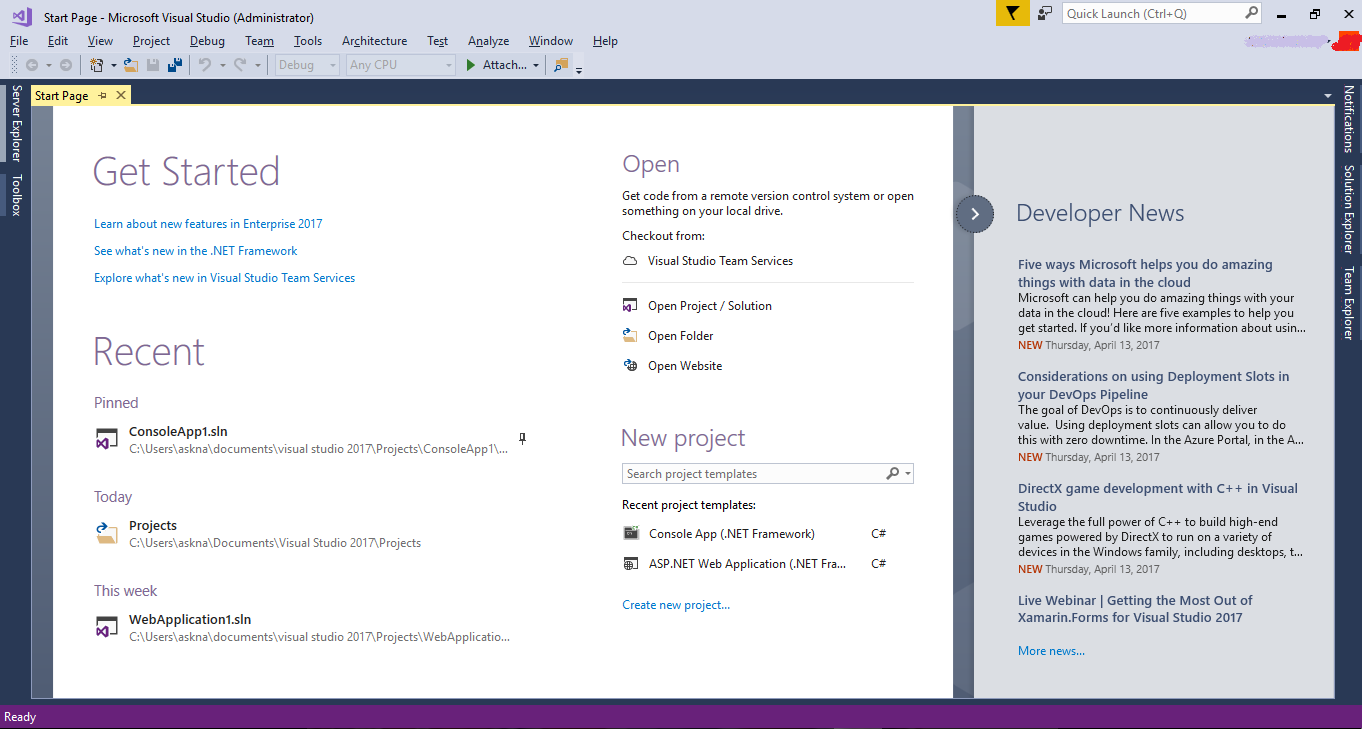 Visual Studio 2017 Start Page