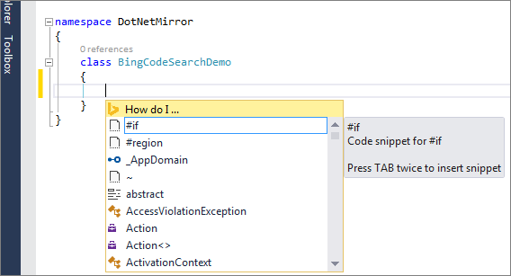 Bing Code Search for C#.NET : How do I from intellisense